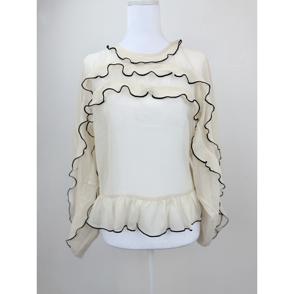H&M Divided Womens Blouse Cream Ruffle Sheer Long Sleeve Peplum No Size Tag